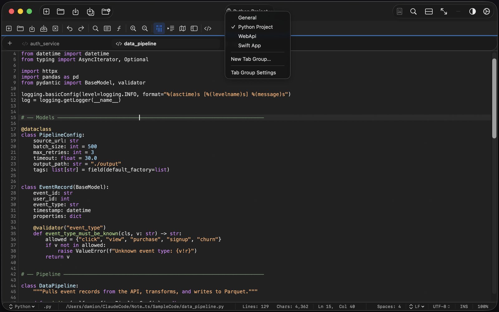 Tab.Noted Tab Groups menu for saving named workspaces